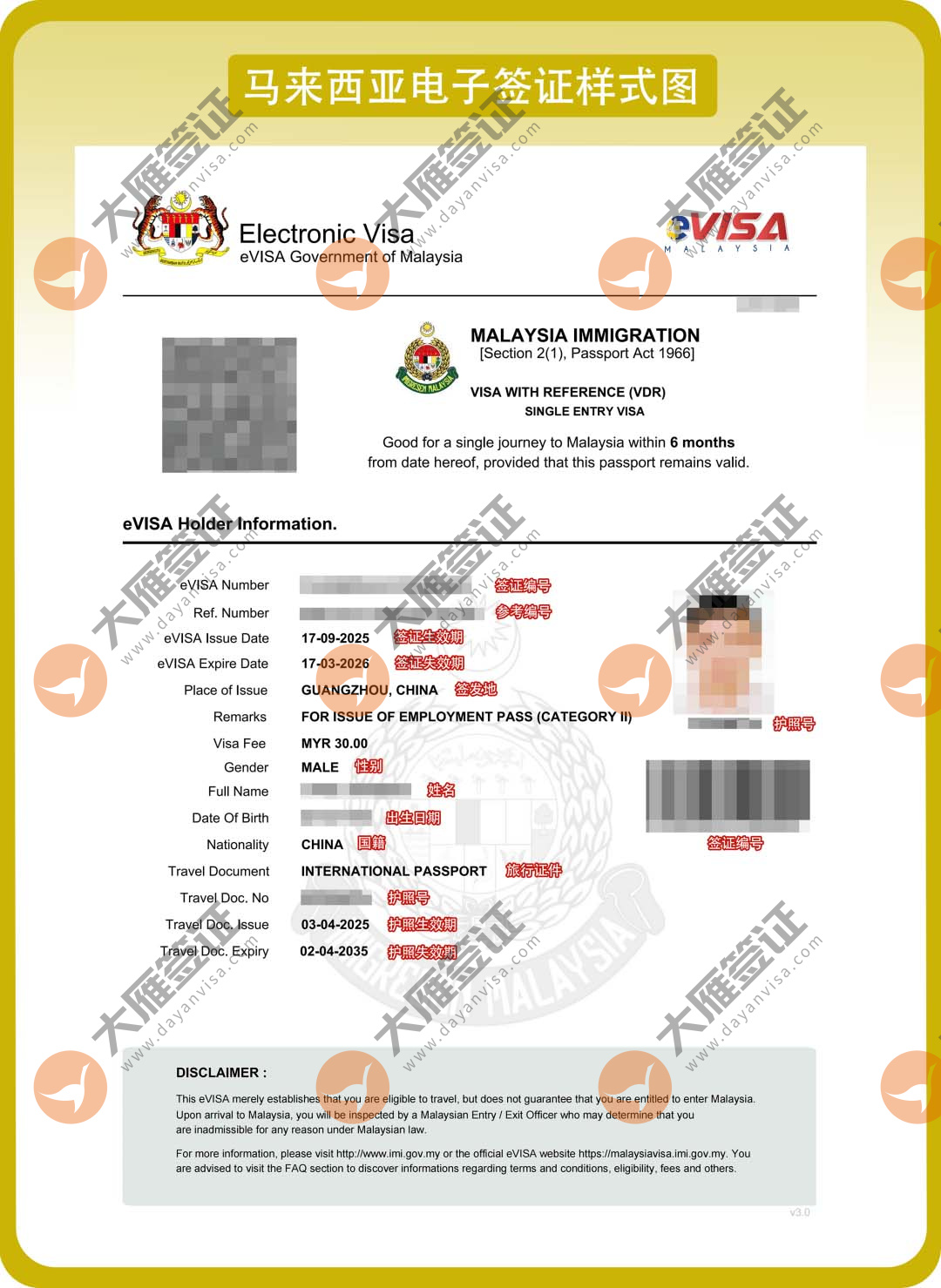 马来西亚电子签证样式图