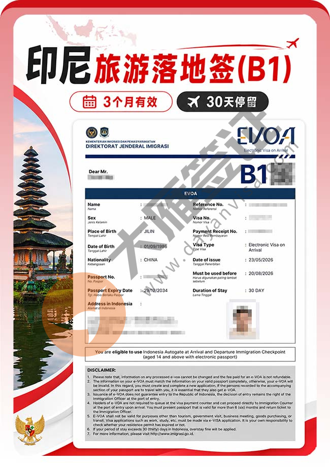 喜报：印尼旅游落地签(B1)成功出签案例图