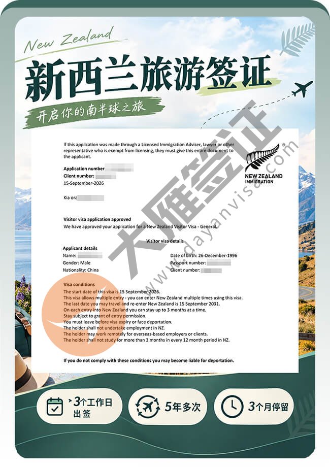 新西兰旅游签3个工作日就出签案例图